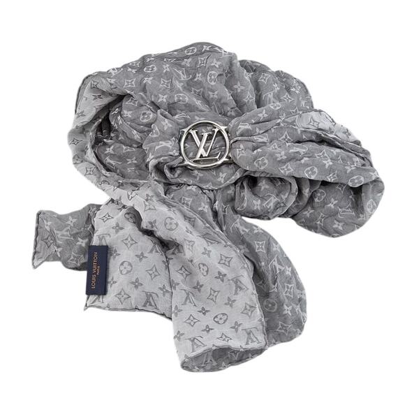 Louis Vuitton Envy LV Monogram Gray Silver Silk Bandeau Scarf Wrap & Brooch - Picture 1 of 7